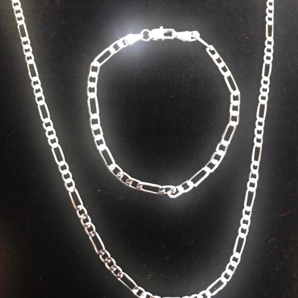 24” Sterling Silver Figaro Chain Necklace and 7” Bracelet Set